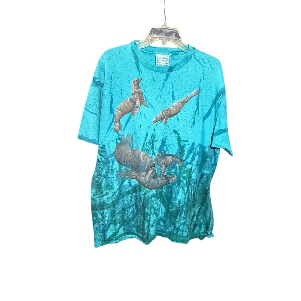 Vintage Hanes Shirt Mens Large Blue Sea Otter Kelp Allover Tie Dye Graphic 90